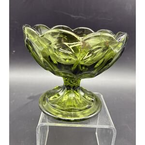 Anchor Hocking Fairfield Avocado Green Glass Candy Dish Scalloped Compote VTG